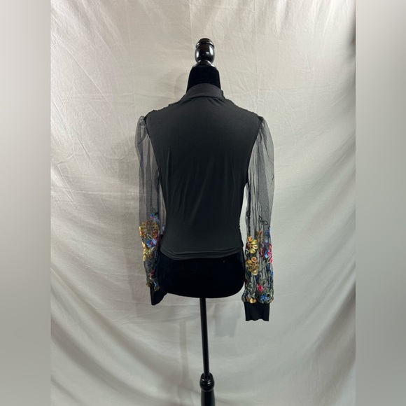 Boho Floral Embroidered Lantern Sleeves Top Black - Picture 10 of 10